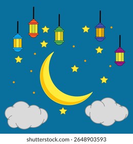 vetor lua crescente, nuvens, lanternas e estrelas para saudações de férias