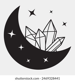 Vector crescent moon with crystals and stars in black color