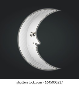 Vector crescent moon with face. Mystery, mythology element. Cosmic object in bright colors. Occultism decoration