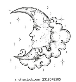 Vector crescent moon with a face, stars, clouds engraving style, esoteric and occult magic signs isolated on white background
