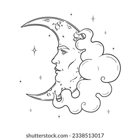 Vector crescent moon with a face, stars, clouds line art style, esoteric and occult magic signs isolated on white background