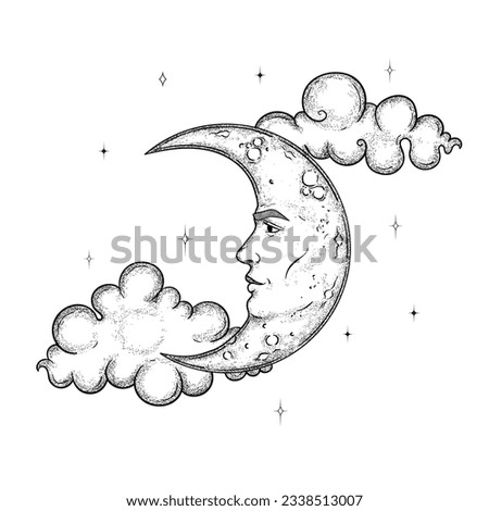 Vector crescent moon with a face, stars, clouds engraving style, esoteric and occult magic signs isolated on white background