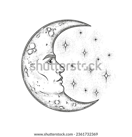 Vector crescent moon with a face, stars, engraving style, esoteric and occult magic signs isolated on white background