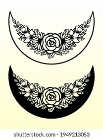 Vector crescent moon with flowers. Decorative illustration in boho style. Hand-drawn ethnic symbol. For paper and laser cutting, printing on T-shirts, mugs. Black mystical element for your design.