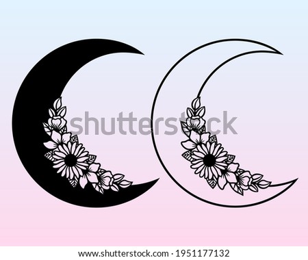 Vector crescent moon with flowers. Decorative illustration in boho style. Hand-drawn ethnic symbol. For paper and laser cutting, printing on T-shirts, mugs. Black mystical element for your design.