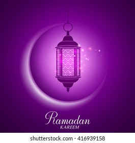 Vector Crescent Moon and Lantern Lightning in Dark Background with Ramadan Kareem Greetings. Silhouette Vector Illustration
