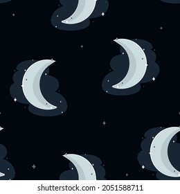 Vector Crescent Moon at Magical Starry Night seamless pattern background. Perfect for fabric, scrapbooking and wallpaper projects.