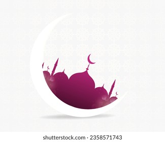 Vector crescent moon with mosque silhouette islamic background