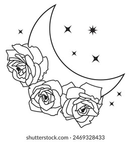 Vector luna creciente con rosas y estrellas conjunto de diseño