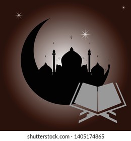 Vector of a crescent moon in silhouette, and a Holy Quran book in front. With gradient brown background