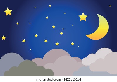 vector of a crescent moon with stars on a cloudy night sky