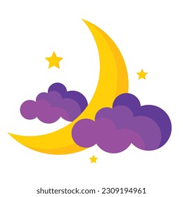 a vector crescent moon surrounded by clouds and stars