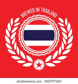 A vector crest containing a beer cap and wheat icons circling a Thai flag. This shield can be used as a stamp by a brewery in Thailand.