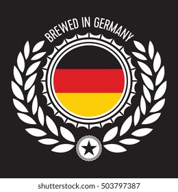 A vector crest containing a beer cap and wheat icons circling a German flag. This shield can be used as a stamp by a brewery in Germany.