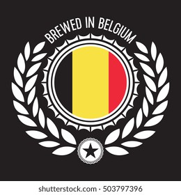 A vector crest containing a beer cap and wheat icons circling a Belgian flag. This shield can be used as a stamp by a brewery in Belgium.