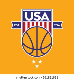 A vector crest featuring stars, stripes, an iconic basketball, and the letters USA. This shield could be customized with your team or league name.