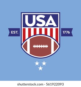 A vector crest featuring stars, stripes, an iconic football, and the letters USA. This crest represents the game of American Football.