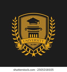 Vector crest logo featuring a graduation cap on a column, surrounded by laurel wreath and ribbon banner, suggesting a prestigious university or college