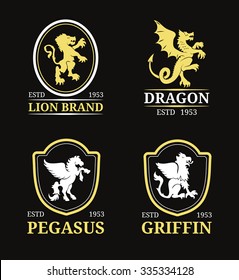 Vector crest monograms templates. Luxury pegasus, dragon, lion, griffin design. Graceful animals silhouettes illustration used for hotel, restaurant, boutique, jewellery invitation, business card etc.