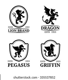 Vector crest monograms templates. Luxury pegasus, dragon, lion, griffin design. Graceful animals silhouettes illustration used for hotel, restaurant, boutique, jewellery invitation, business card etc.