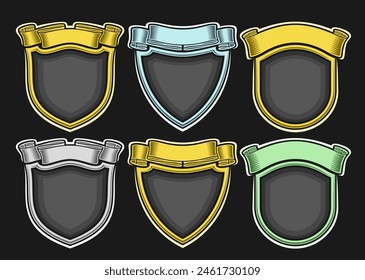 Vector Crests Set, collection of six grey monochrome and colorful heraldic crests with copy space, group of decorative variety retro sign boards with ribbon for title text on dark background