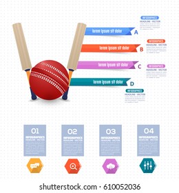 Vector Cricket Ball and Bat Infographics Design and Sports Web Banner, Stats Elements, Background
