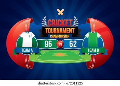 Vector of cricket championship badge design with team players and scoreboard.