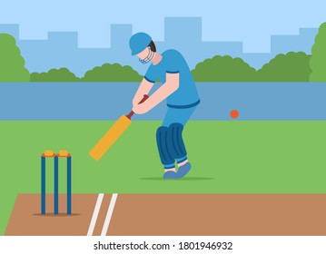 Vector cricket concept. Healthy lifestyle. A man in cricket gear holds a bat in his hands and hits the ball along the length of the pitch (playing field). Professional sports.