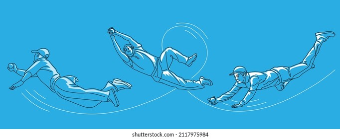 Vector of cricket player fielding and taking catches around the stadium.
