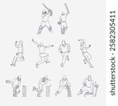 Vector cricket players action gesture line art illustration. Set of cricket players. Batsman, bowler and wicketkeeper line art set. One line drawing silhouette