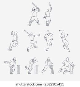 Vector cricket players action gesture line art illustration. Set of cricket players. Batsman, bowler and wicketkeeper line art set. One line drawing silhouette