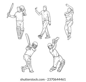 vector cricket players cheering and celebrating gesture line art illustration