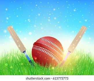 Vector Cricket Poster Event Info Postcard Design and Sports Ad Web Banner or Horizontal Card Template, Ball and Stick Illustration