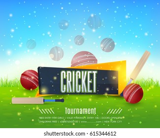 Vector Cricket Poster Event Info Postcard Design and Sports Ad Web Banner or Horizontal Card Template, Ball and Stick Illustration