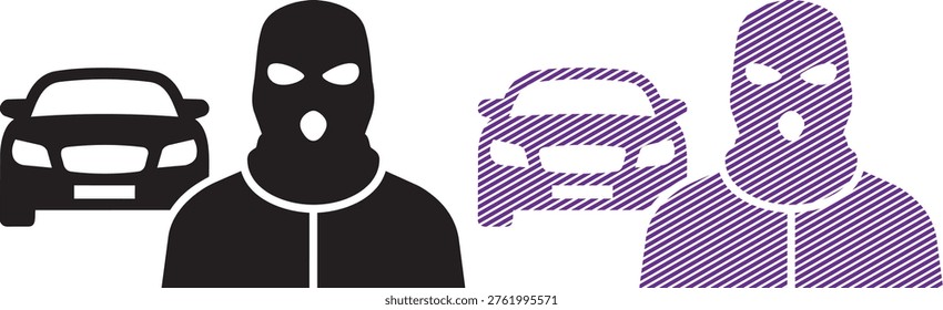 Vector crime icons, robbery and car theft symbols, represents concepts