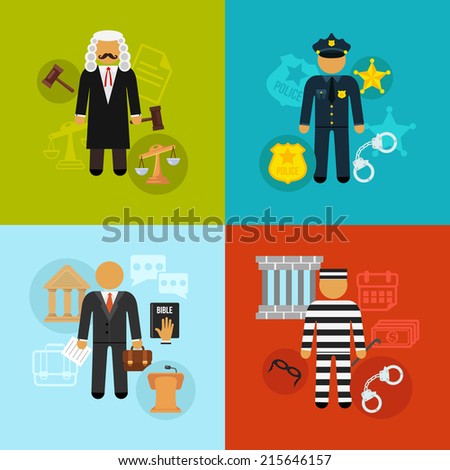 Vector crime and punishment law and order social flat icons set