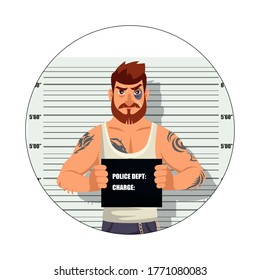 Vector criminal avatar isolated on white background. Robber, thief, bandit character photo. Police department mugshot. Prime suspect human person. Man stands beside wall with black board in hand