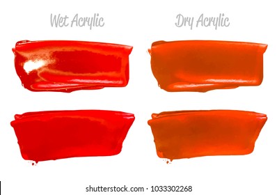 Vector crimson red paint smear stroke stain set. Abstract red glittering textured art illustration. Acrylic Texture Paint Stain Illustration. Hand drawn brush strokes vector elements. Acrilyc strokes.