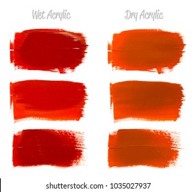 Vector crimson red paint smear stroke stain set. Abstract red glittering textured art illustration. Acrylic Texture Paint Stain Illustration. Hand drawn brush strokes vector elements. Acrilyc strokes.