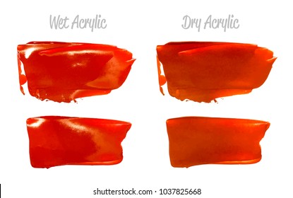 Vector crimson red paint smear stroke stain set. Abstract red glittering textured art illustration. Acrylic Texture Paint Stain Illustration. Hand drawn brush strokes vector elements. Acrilyc strokes.