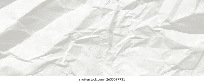 Vector crinkled paper texture. White crumpled paper horizontal banner. Old white wrinkled sheet background. Light gray long parchment bg. Back to school kids backdrop. Punk style collage template