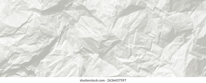 Vector crinkled paper texture. White crumpled paper horizontal banner. Old white wrinkled sheet background. Light gray long parchment bg. Back to school kids backdrop. Punk style collage template