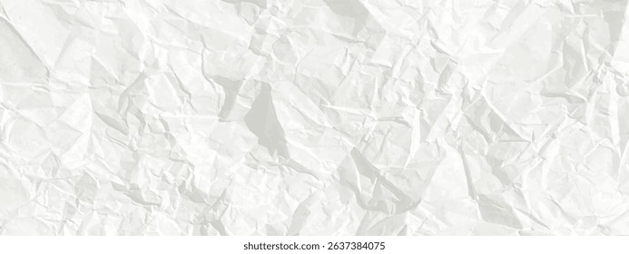 Vector crinkled paper texture. White crumpled paper horizontal banner. Old white wrinkled sheet background. Light gray long parchment bg. Back to school kids backdrop. Punk style collage template