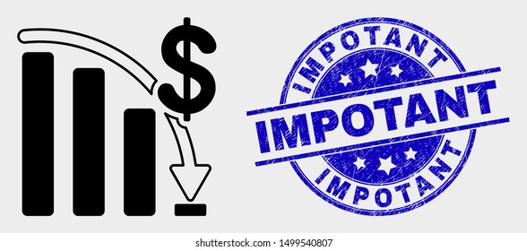 Vector crisis bar chart pictogram and Impotant seal stamp. Red rounded textured seal stamp with Impotant text. Vector combination in flat style. Black isolated crisis bar chart icon.