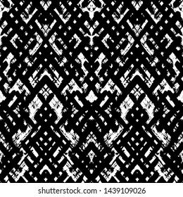 Vector criss-cross seamless pattern. Textured grunge geometric background for wallpaper, gift paper, fabric print, furniture. Zigzag print. Unusual painted ornament from brush strokes. Black and white