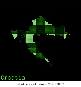 Vector Croatia map dotted silhouette with green dots on a black background (as on old ancient computers running DOS)