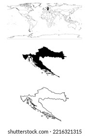 Vector Croatia map, map of Croatia showing country location on world with solid and outline maps for Croatia on white background. File is suitable for digital editing and prints of all sizes.