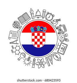 Vector Croatia school background, with black linear icons on white. Education pattern with modern line style icons and Croatian flag.