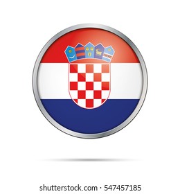 Botón de la bandera croata del vector. Estilo del botón de cristal de la bandera de Croacia con marco metálico.