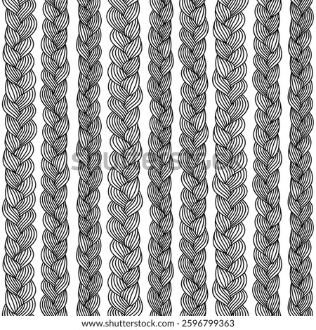Vector crochet chain. Abstract seamless pattern with braids or wheat. Braided hair. Endless repeating dark lines isolated on white background	